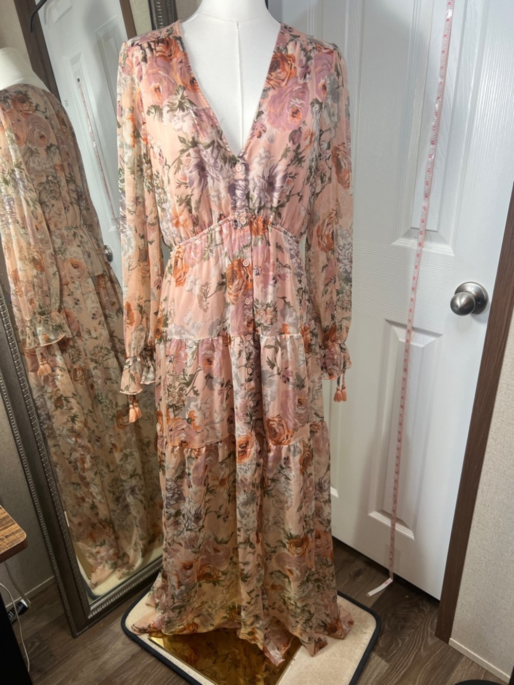 Aakaa Peach Floral V-Neck Tiered Maxi Dress